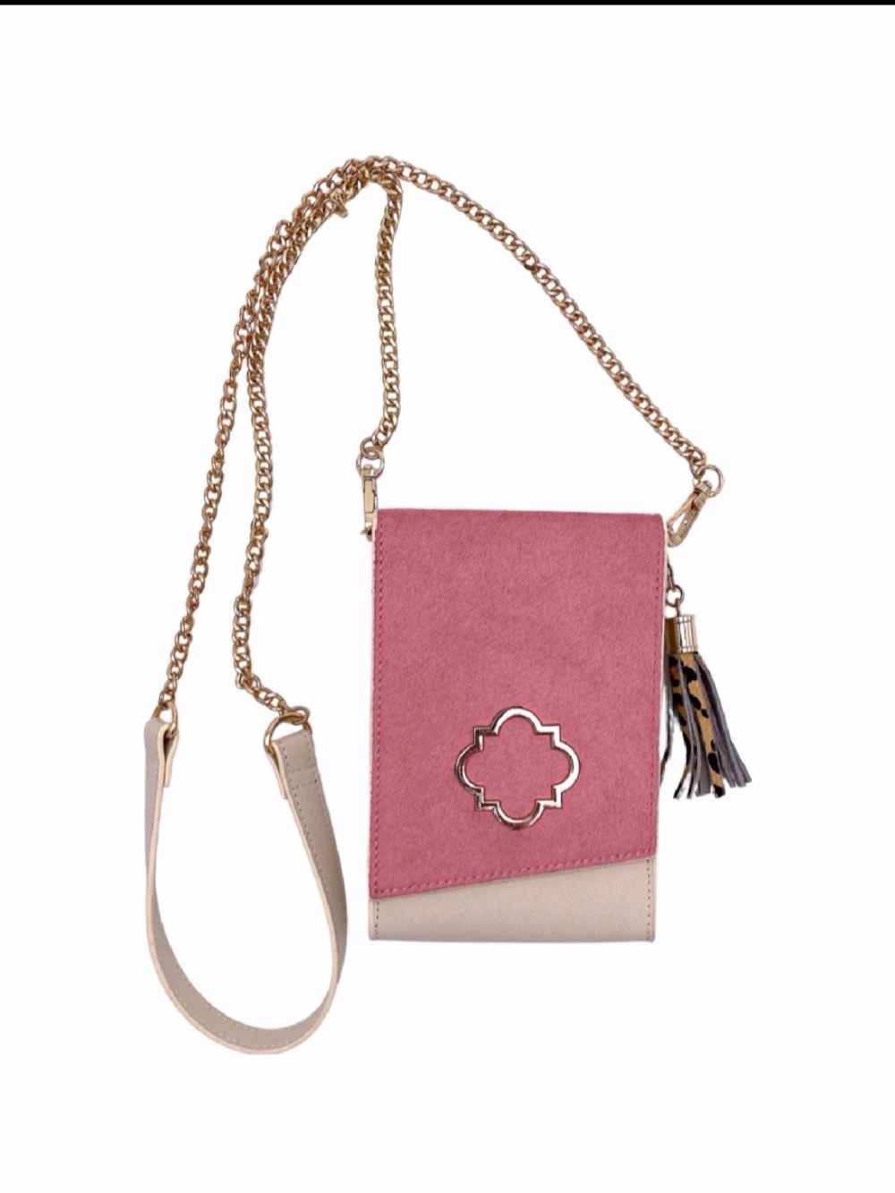 Women’s Pink and Cream Crossbody Phone Bag with Tassel